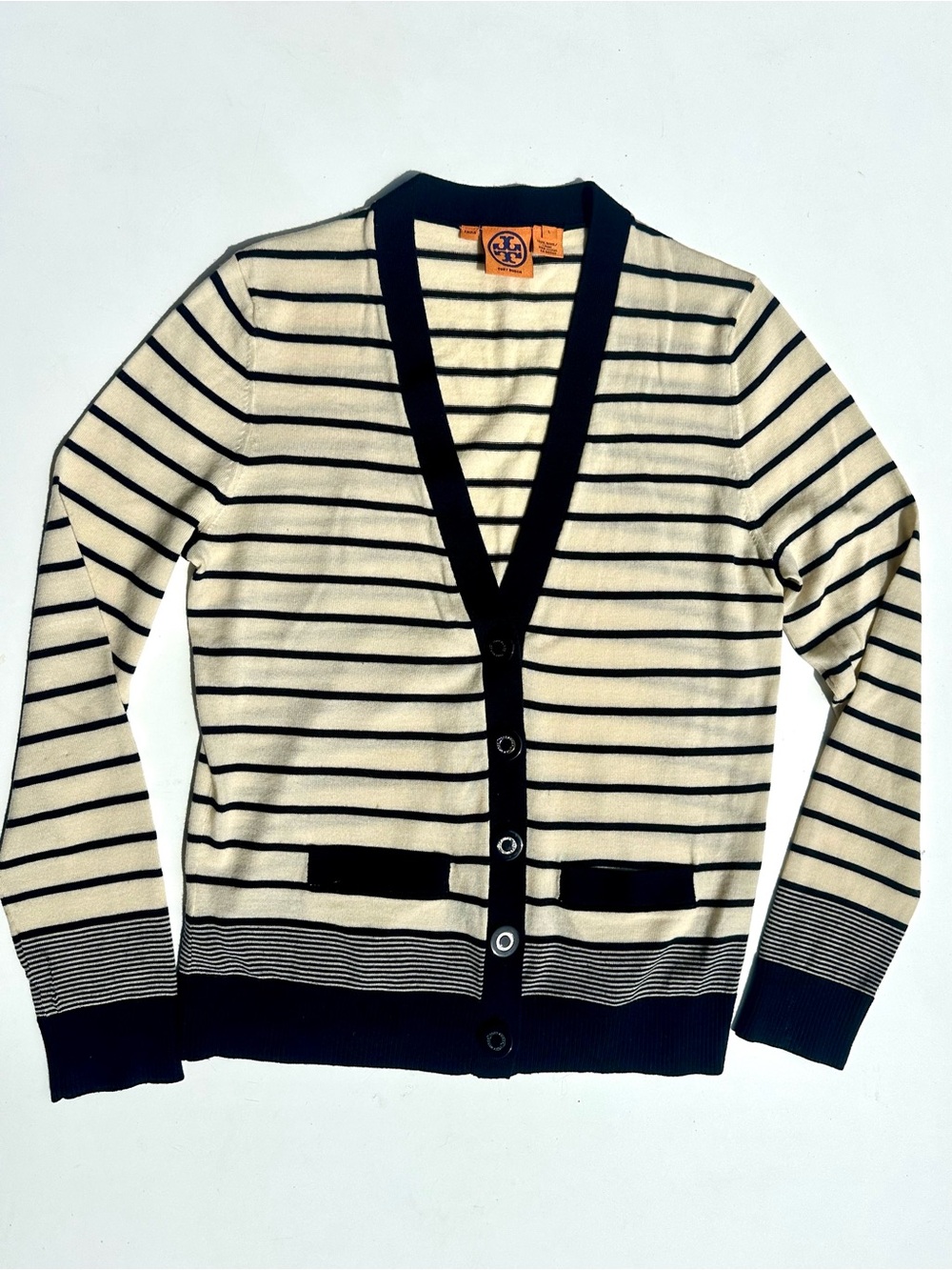 Tory Burch Merino Cream and Navy Striped V-Neck Logo Button Cardigan, L